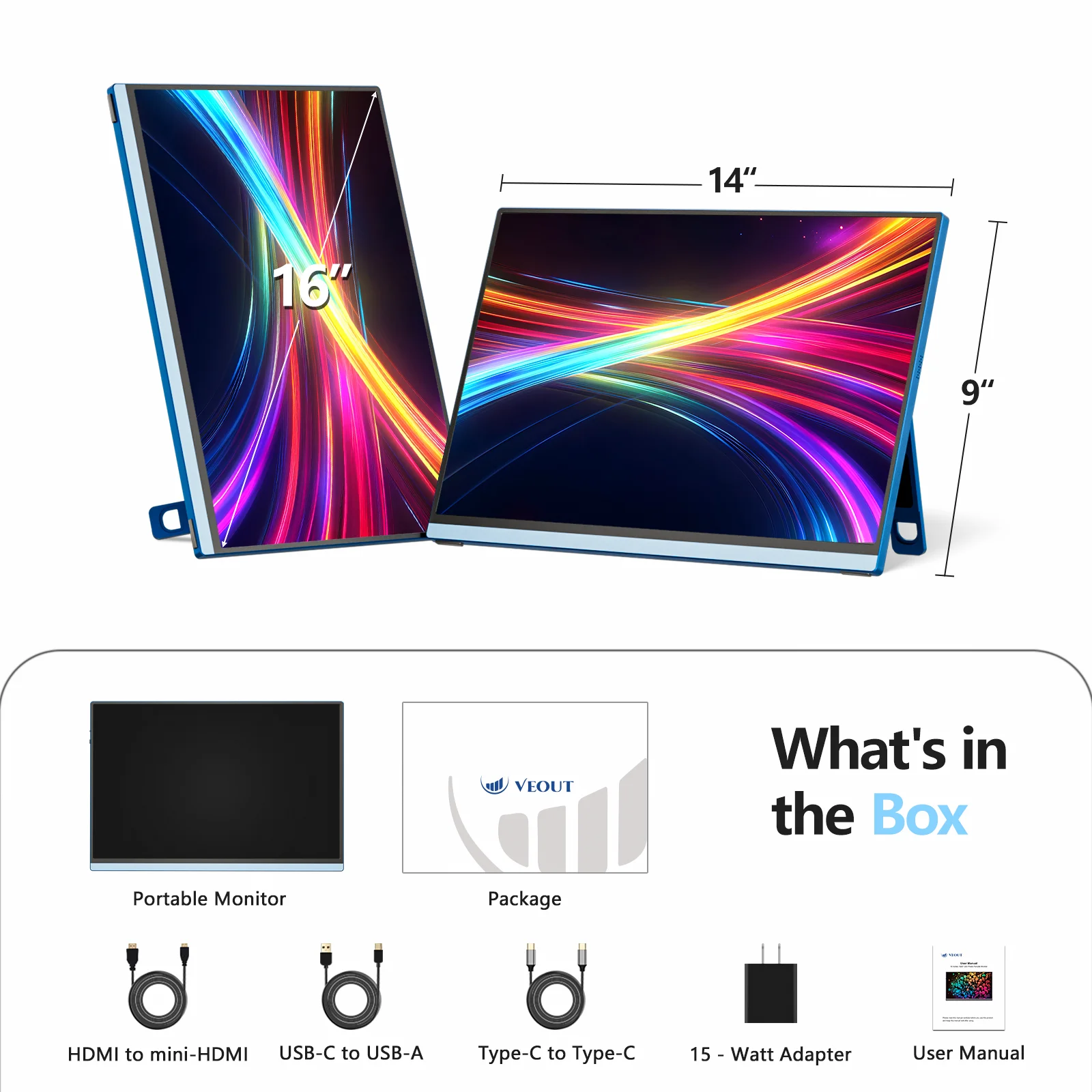 VEOUT 16 inch Portable Monitor IPS 2.5K 144Hz Refresh Rate with Stand for Gaming Travel Business Slim Lightweight screen Display