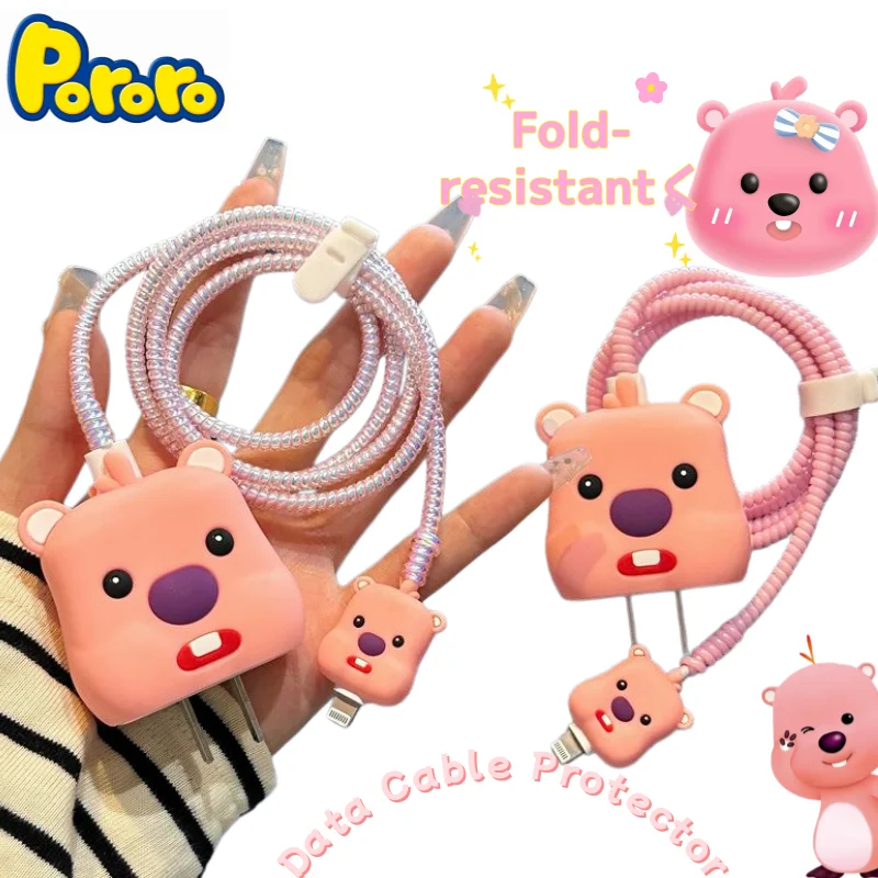 

New Pororo Loopy Cartoon Character Cute iPhone Charger Protective Case Kawaii Girly Heart Anti-Break Data Cable Winding Strap