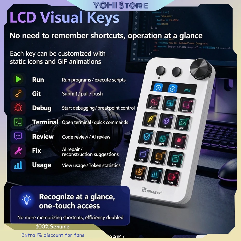 Mirabox N1 Visual Control Panel AI Programming Shortcut Keyboard Vibe Coding Custom Screen Knob LCD Visual Buttons for FormacOS