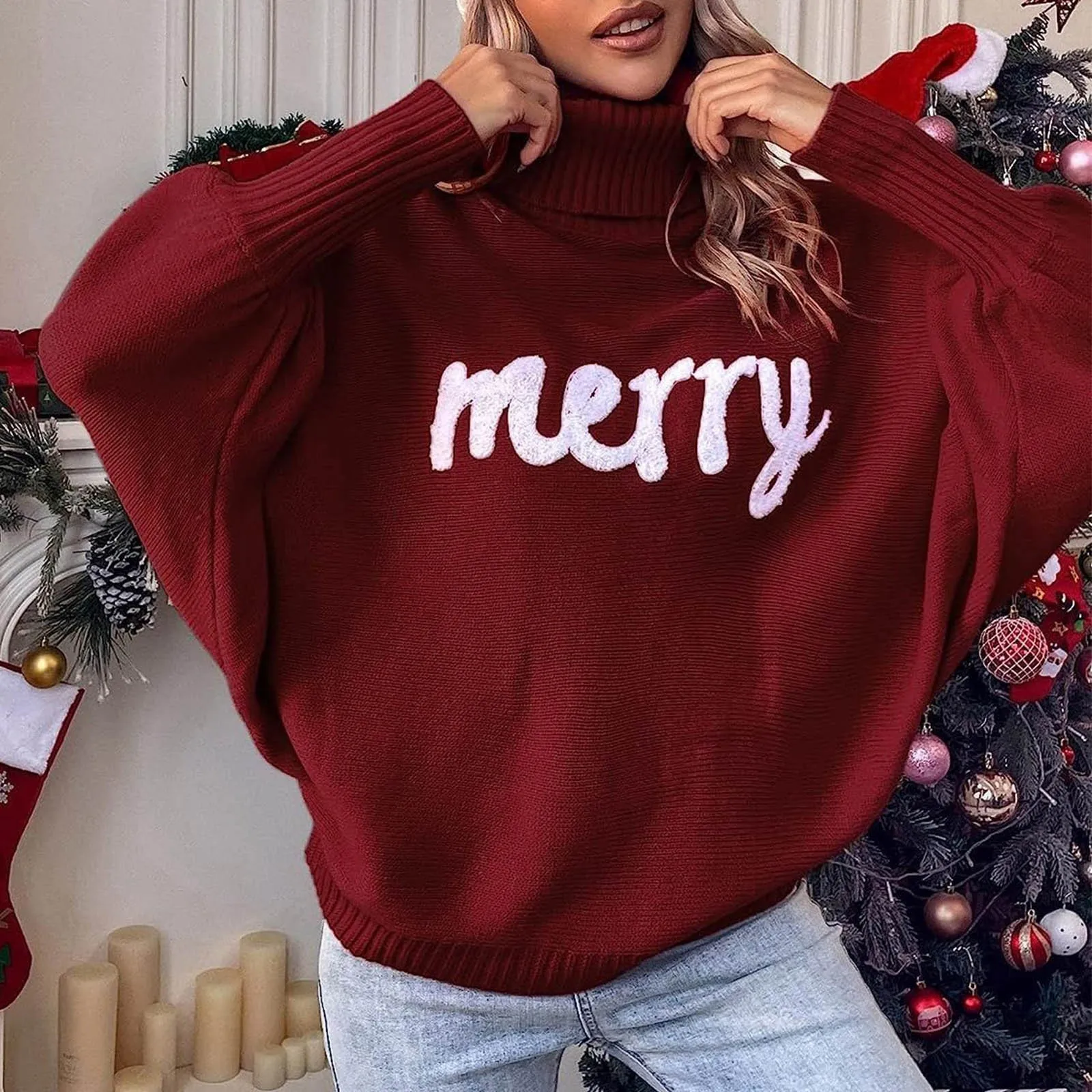 

Women's High Neck Sweater Autumn And Winter Loose Bat Sleeve Turtleneck Solid Color Letter Knitted Oversize Sweater Top