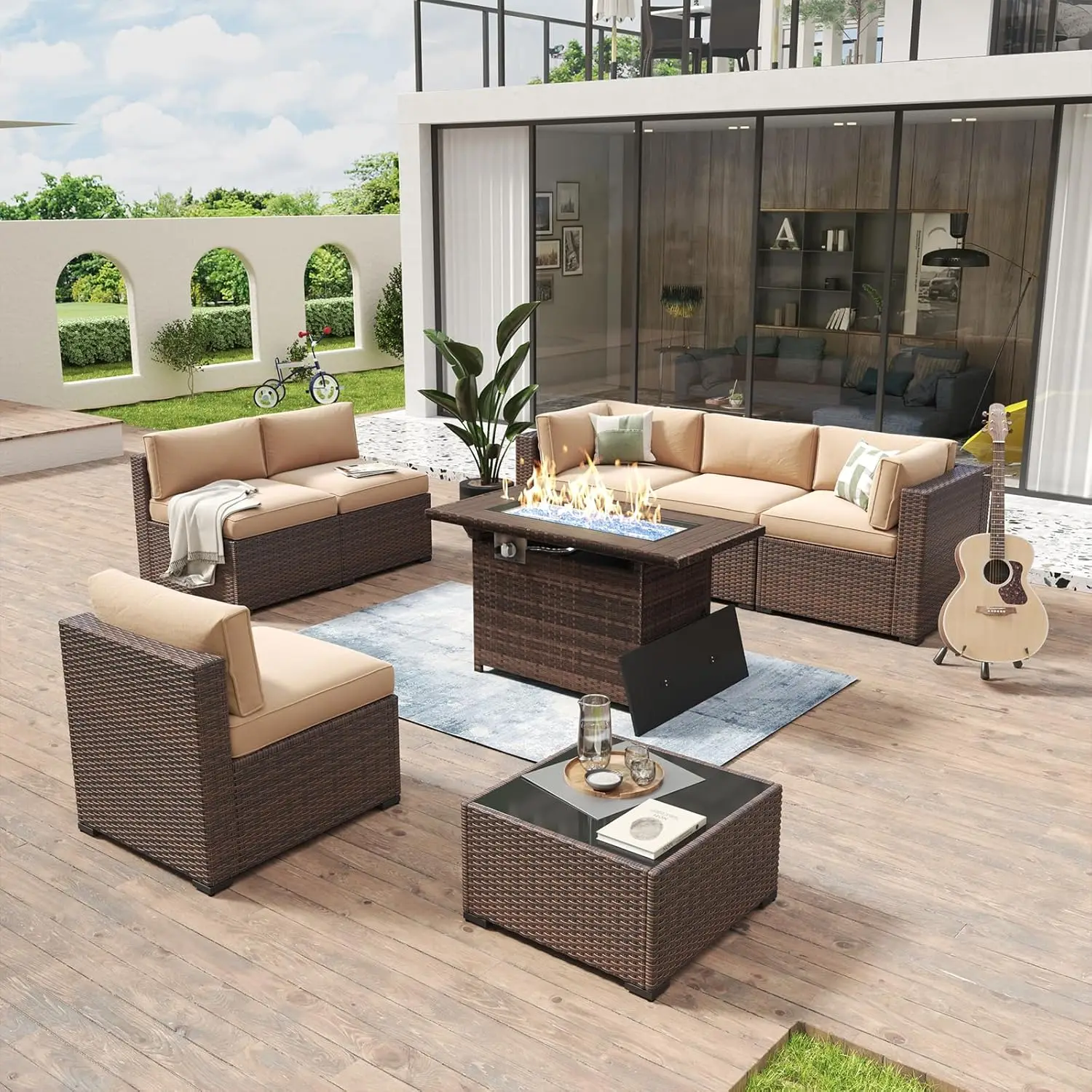 

8 Piece Patio Furniture Set w/44” Fire Pit Table Wicker Rattan Outdoor Sectional Sofa Set w/Coffee Table and Thickened Cushions