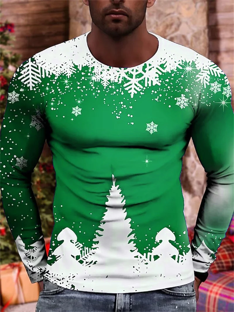 Christmas Tree And Snowflakes Pattern Men's T-Shirts Long Sleeve Christmas Tie-dye 3D Print Street Tee 6XL Plus Size Casual Tops