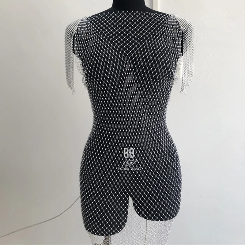 Strass-Fransen Netz-Überwurfkleid Transparentes Fischnetz-Quasten-Minikleid für Damen Clubwear Strand-Bikini-Überwurf Schwarz Weiß – Detail 5