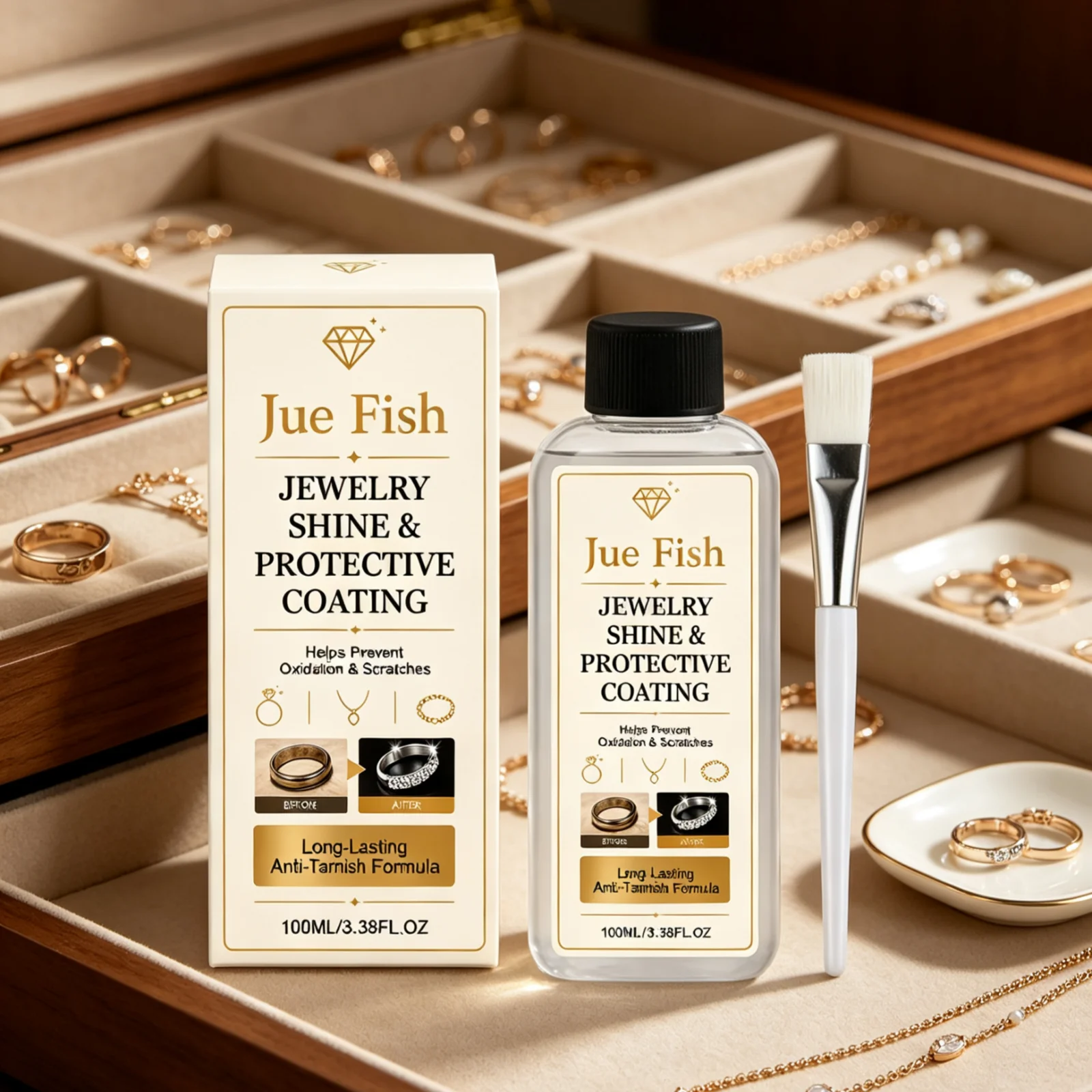 Jue Fish Jewelry Cleaner Mild Cleaning Boost Shine Remove Dirt Non Irritating Nourishing Jewelry Polish Liquid with Brush 100ml