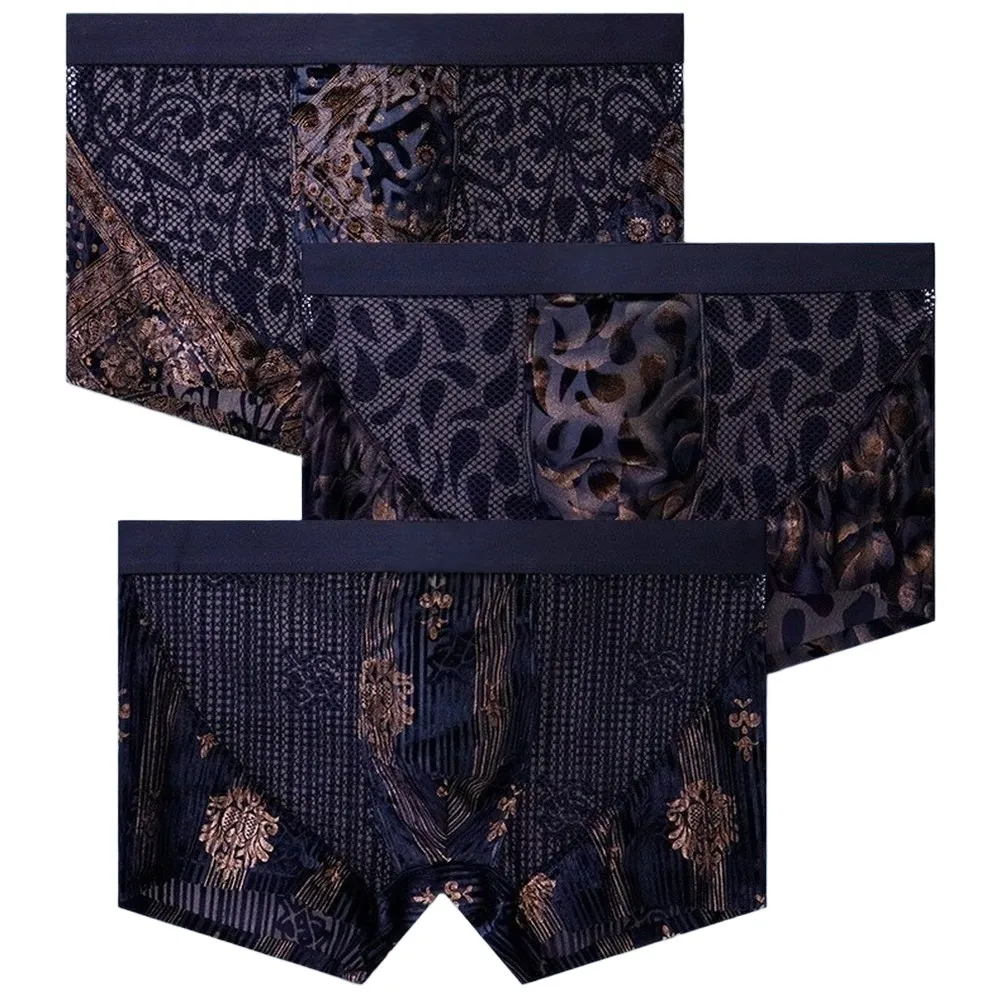 Men's Flocked Printed Perspective Mesh Patchwork Boxer Shorts Bulge Pouch Underwear Summer Breathable Boxers Trunks
