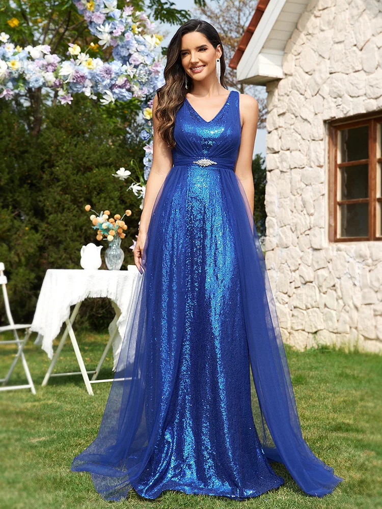 

Royal Blue Evening Dresses Customized V-neck Sleeveless Floor length Wedding Guests Mother Dress Sparkling Glitter Party Dress