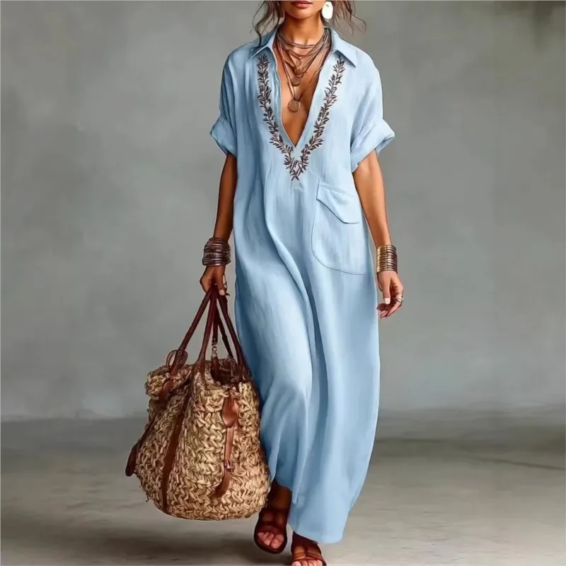 Bohemia Shirt Print Dress 2026 Women's Deep V Neck Short Sleeve Summer Casual Loose Party Maxi Dress Summer Beach Vacation