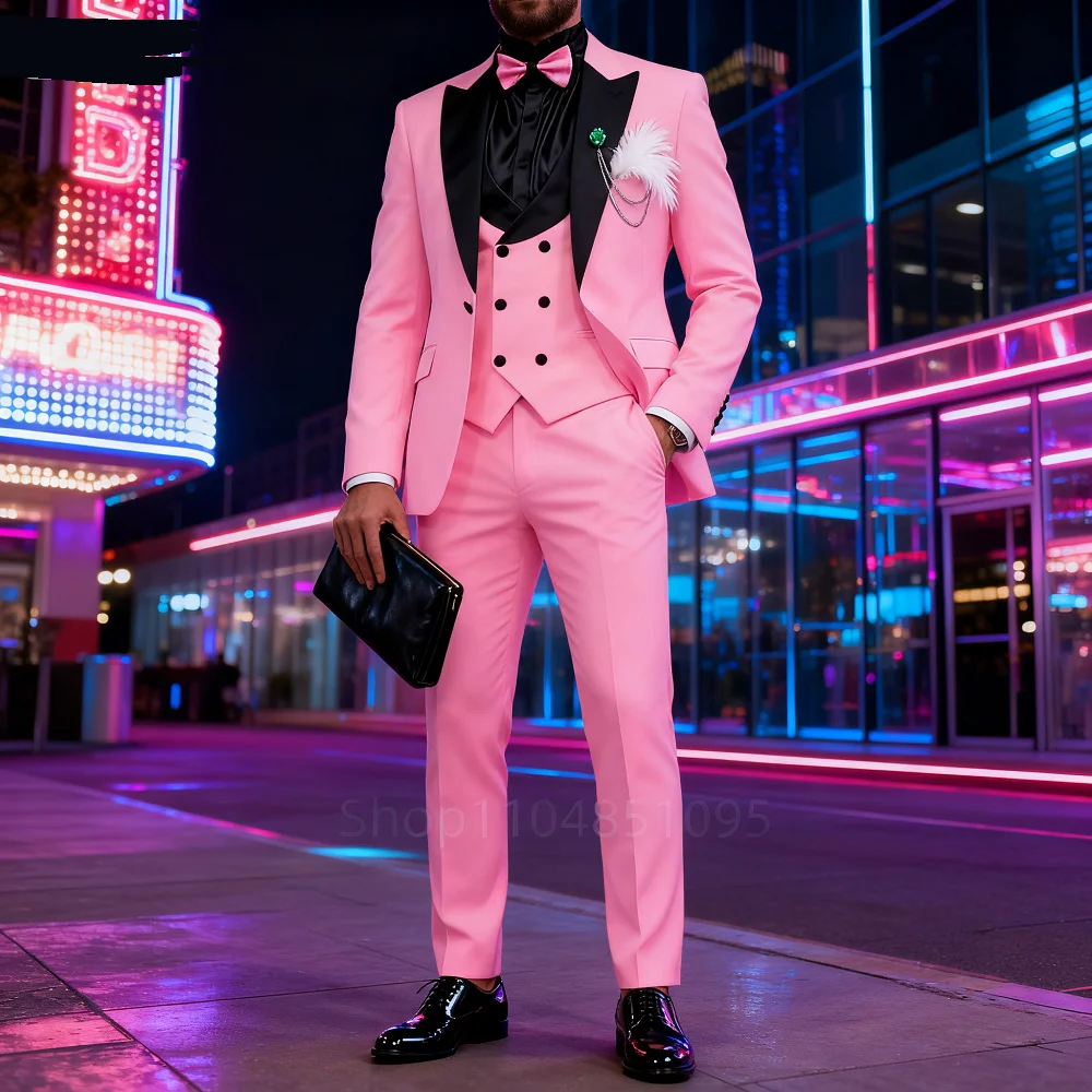 

Elegant Rose Red 3-Piece Men's Suit Slim Fit Double Breasted Blazer Vest And Pants Set for Wedding Groom Tuxedo Business Party