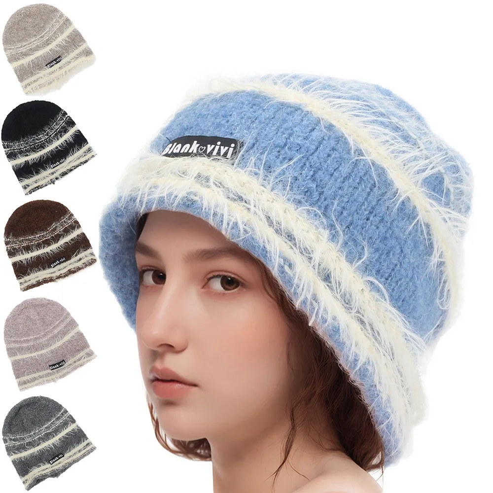 2025 Autumn And Winter New Color Blocked Striped Warm Ear Protection Versatile Cold Hat Plush Knitted Pile Cap For Women