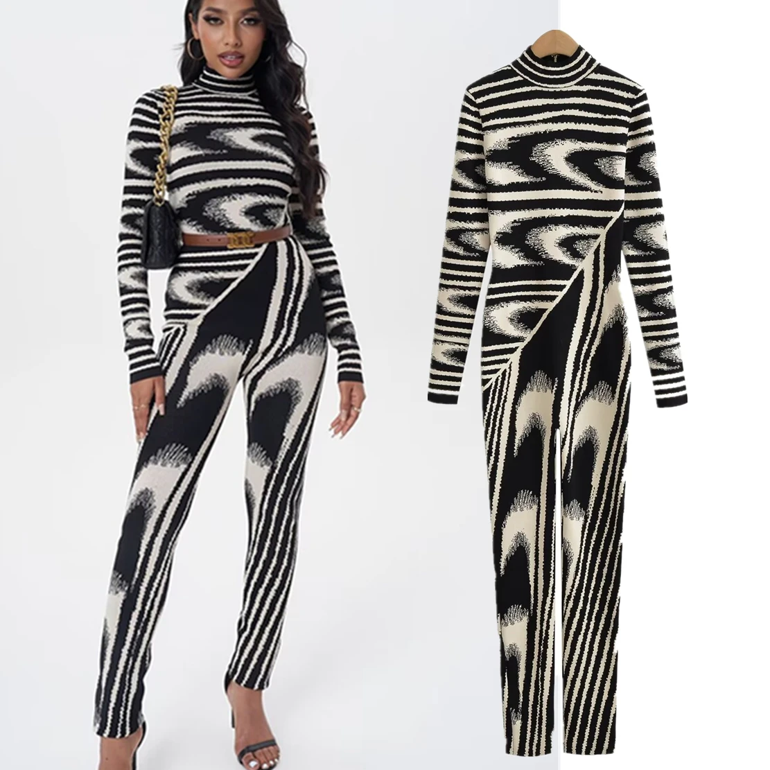 Maxdutti Autumn And Winter Fashion Zebra New Women's High Street Pattern Knitted Jumpsuit Sexy Turtleneck Skinny Jumpsuits