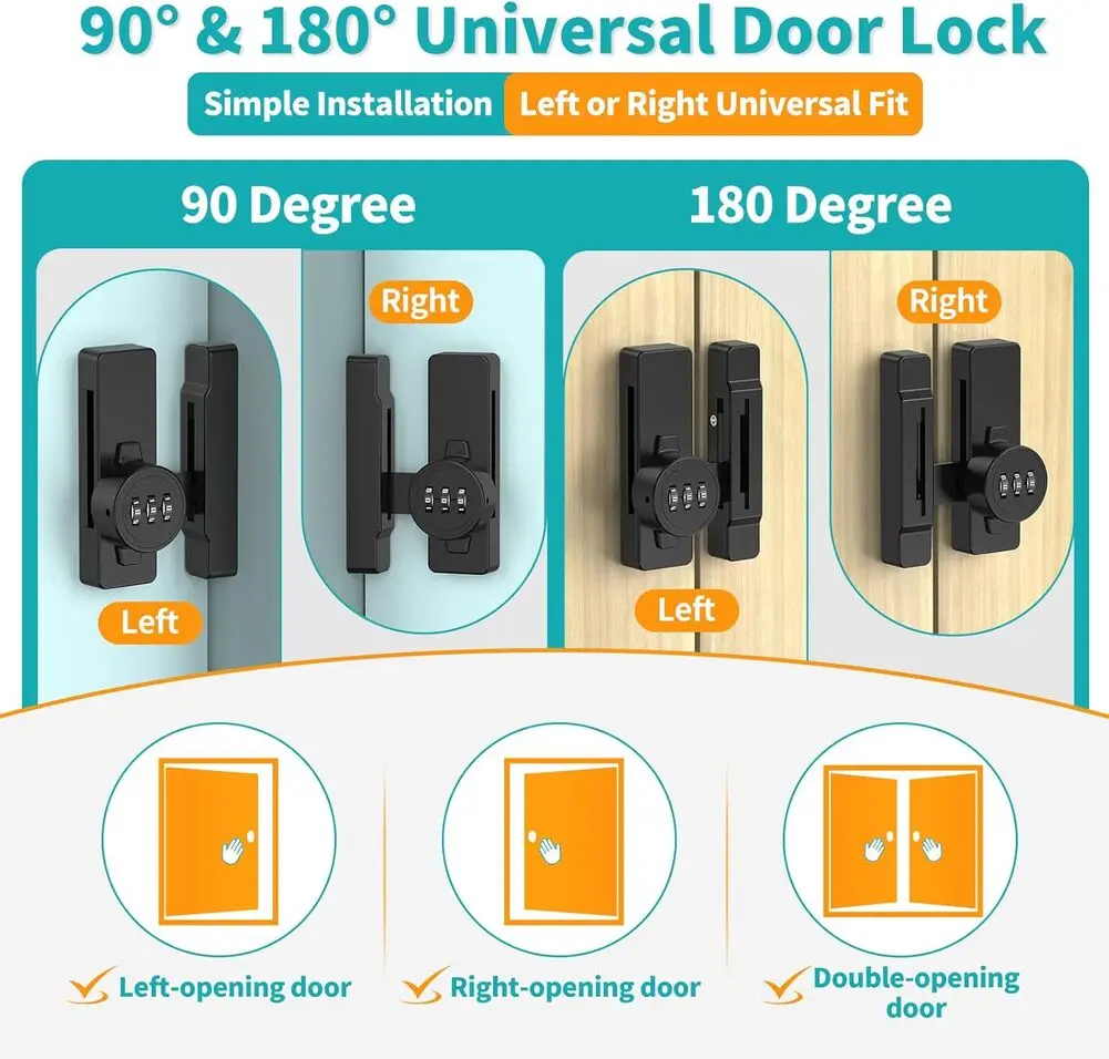 90/180 Degree Password Door Lock Home Security Sliding Door Latch Gate Latches Hardware Anti-theft Lock Zinc Alloy Door Bolts