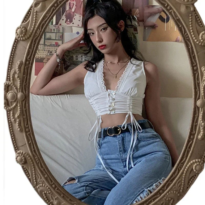New Fashion French Style Romatic Slim Irregular Tank Tops Drawstring Sexy Deep V-neck Crop Tops 2024 Summer Clothes for Women
