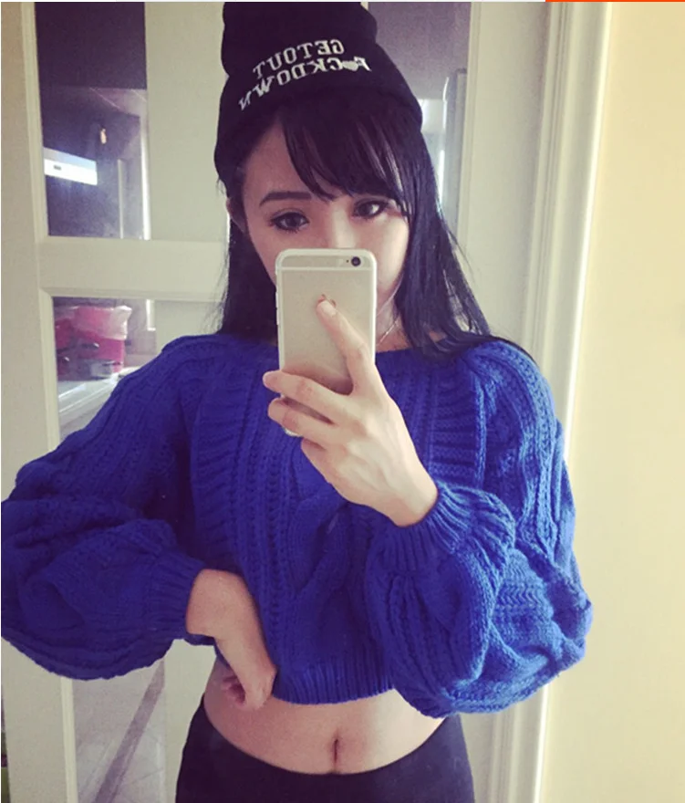 

Корейский круглый пуловер Ne, вязаный свитер, укороченный топ, женский сексуальный пупок, фонарь Све, теплый длинный топ...