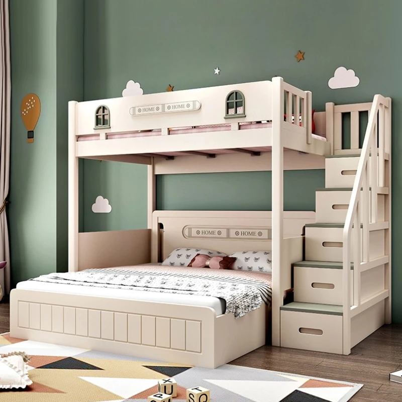 h*-Staggered Bunk Bed Siblings Children Solid Wood Double Bed Furniture 2people Eco-friendly Water-based Paint European Style^