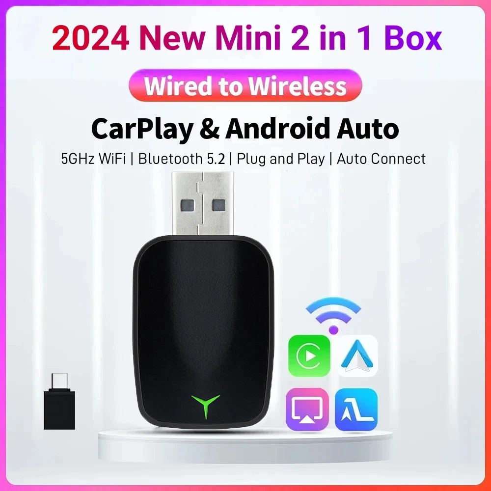 

New Wired To Wireless Carplay Android 2 In 1 Automatic Adapter Car Gadget Smart Box Plug and Play 5Ghz Wifi Fast Connection