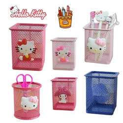 Olá Kitty Metal Pen Holder, Oco, Multifuncional, Fio, Bonito, Malha, Portátil, Desktop Storage, Papelaria, Estudantes, Material Escolar