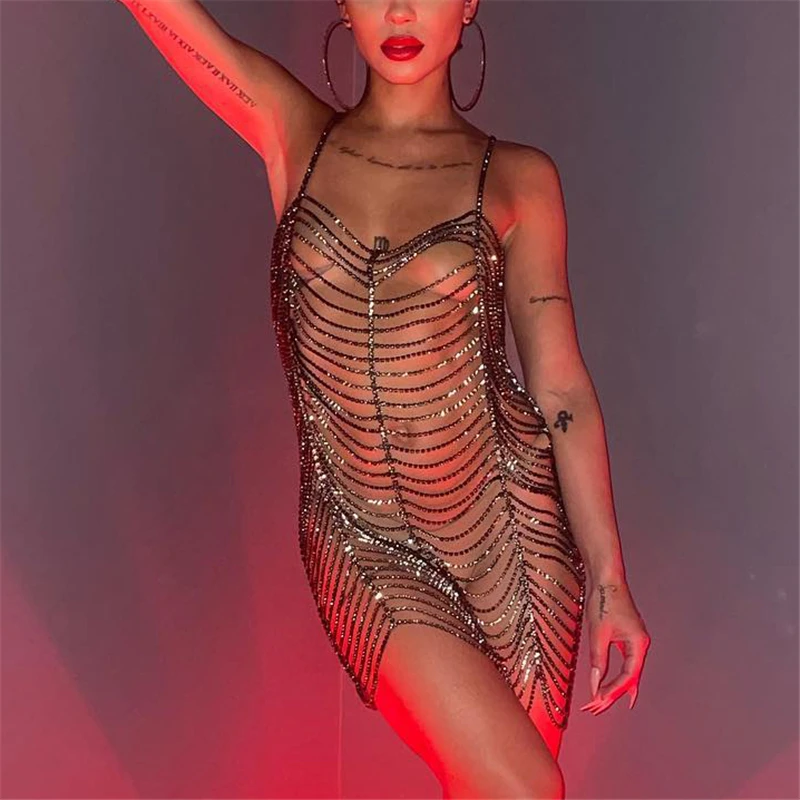 Gun Black Sexy Body Jewelry Rhinestone Bodysuit Dress Mesh Skirt Sparkly Crystal Transparent Body Chain Harness Prom Bar Bikini