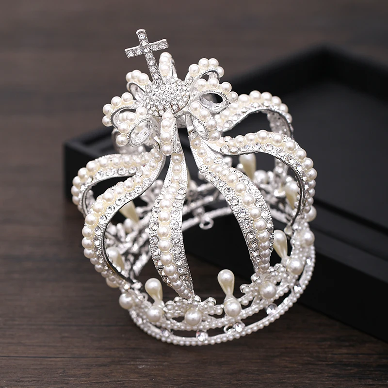 Bridal Crown Headdress Baroque Crystal Pearl Crown Gold Round Crown Queen Tiara Crown Jewelry Party Wedding Hair Accessories image 6