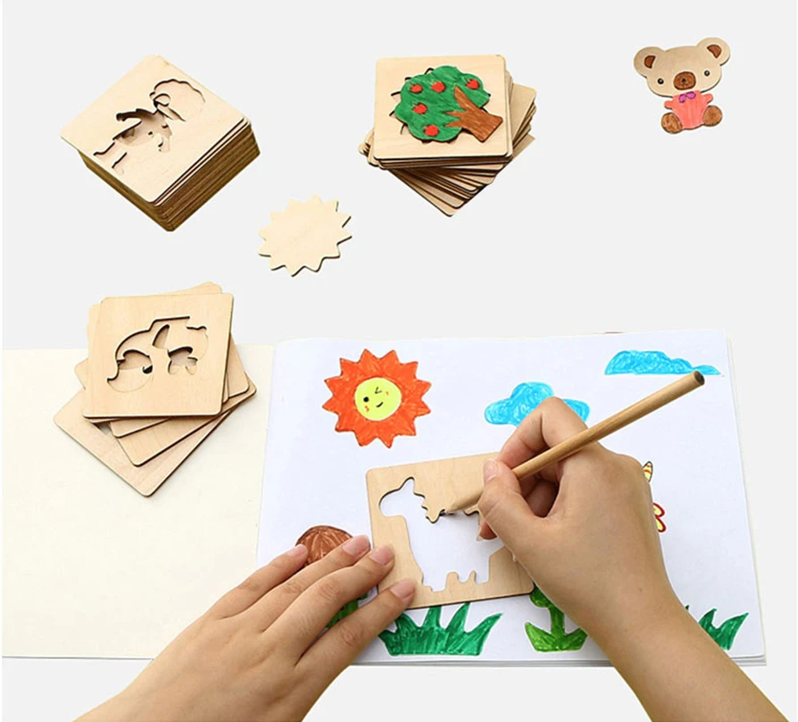 20 pçs montessori madeira diy modelos de pintura para desenho para crianças brinquedos de aprendizagem para crianças 2 a 4 anos de idade presente