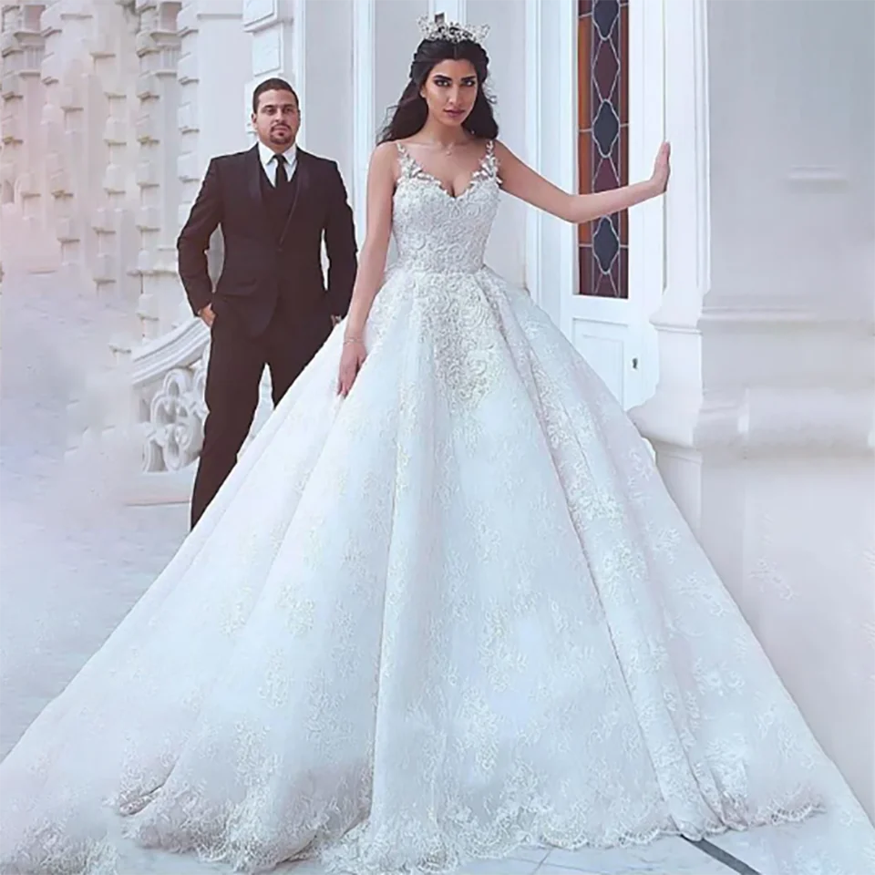 تخصيص يزين السباغيتي الأشرطة الكرة ثوب فساتين الزفاف 2025 عارية الذراعين مع ذيل محكمة تول زي العرائس للنساء #2