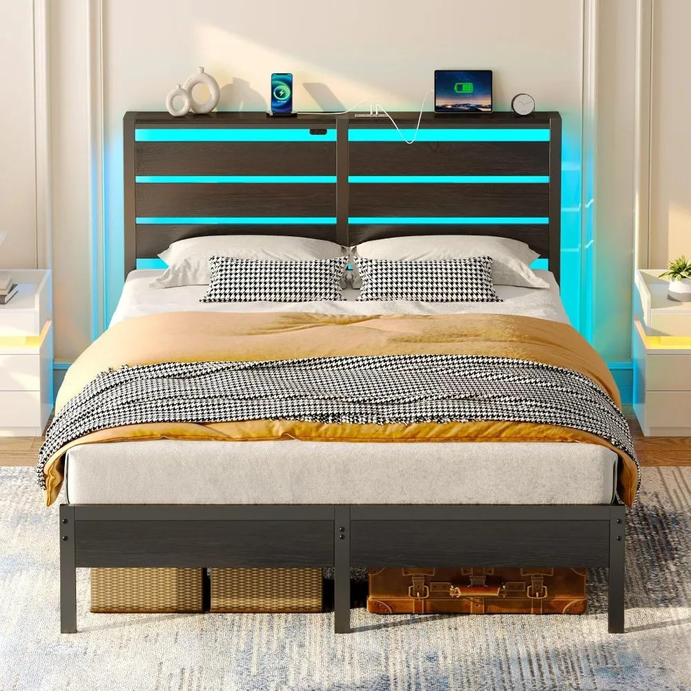 Full Size Bed Frame with Headboard,Steel Slats Support-LED Bed Frame with USB Charging Station,Under Bed Storage