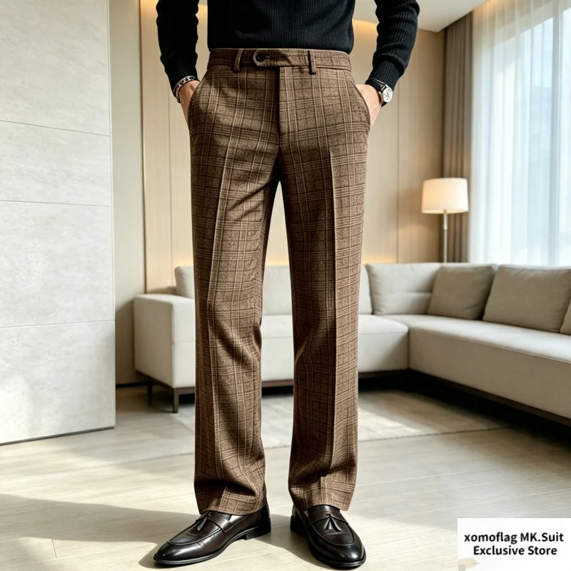 Fashion Boutique Checked Men's Suit Pants Spring Autumn Fashion Straight Leg Vintage Trousers Business Office Casual Daily Wear