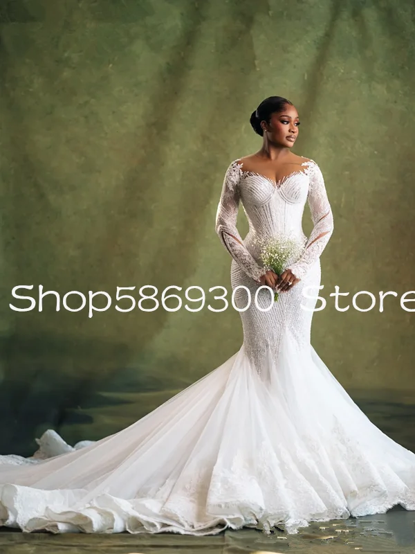 Arabic Aso Ebi Plus Size Glitter Wedding Dresses Sheer Neck Lace Beaded Full Sleeves Bridal Gowns Dress african customized