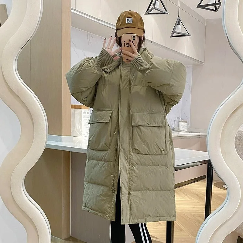 Jaqueta de comprimento médio para mulheres, casaco solto, parka grossa, outwear com capuz, casaco simples, versão fashion, novo, inverno, 2023