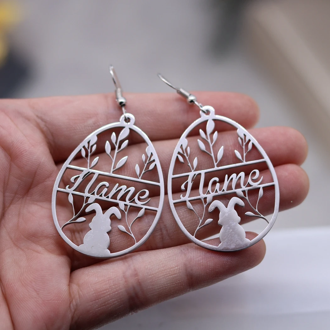 Lovely Rabbit Twig  Personalized Custom Name Letter Dangle Earring Stainless Steel Animal Teardrop Pendant Women Girl Jewelry