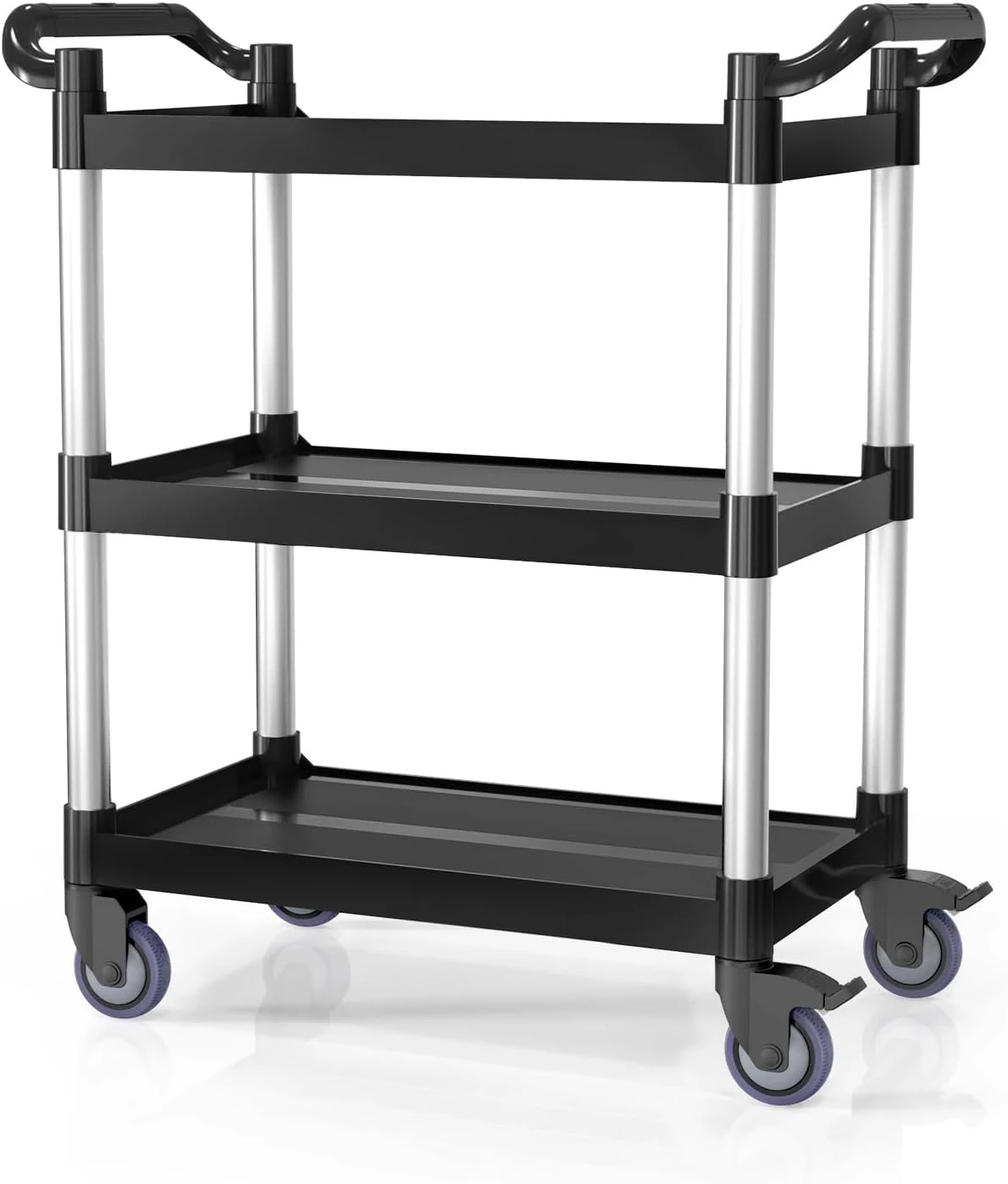 3-Tier Plastic Service Utility Cart with Wheels, Heavy Duty 390lbs Capacity, Commercial Rolling Ideal for Restaurant