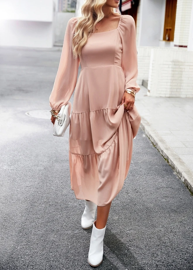 

Elegant Party Dresses Women Autumn New Item Solid Color Square Neck High Waisted Long Sleeved Cake Dress Sexy Women's Midi Dress