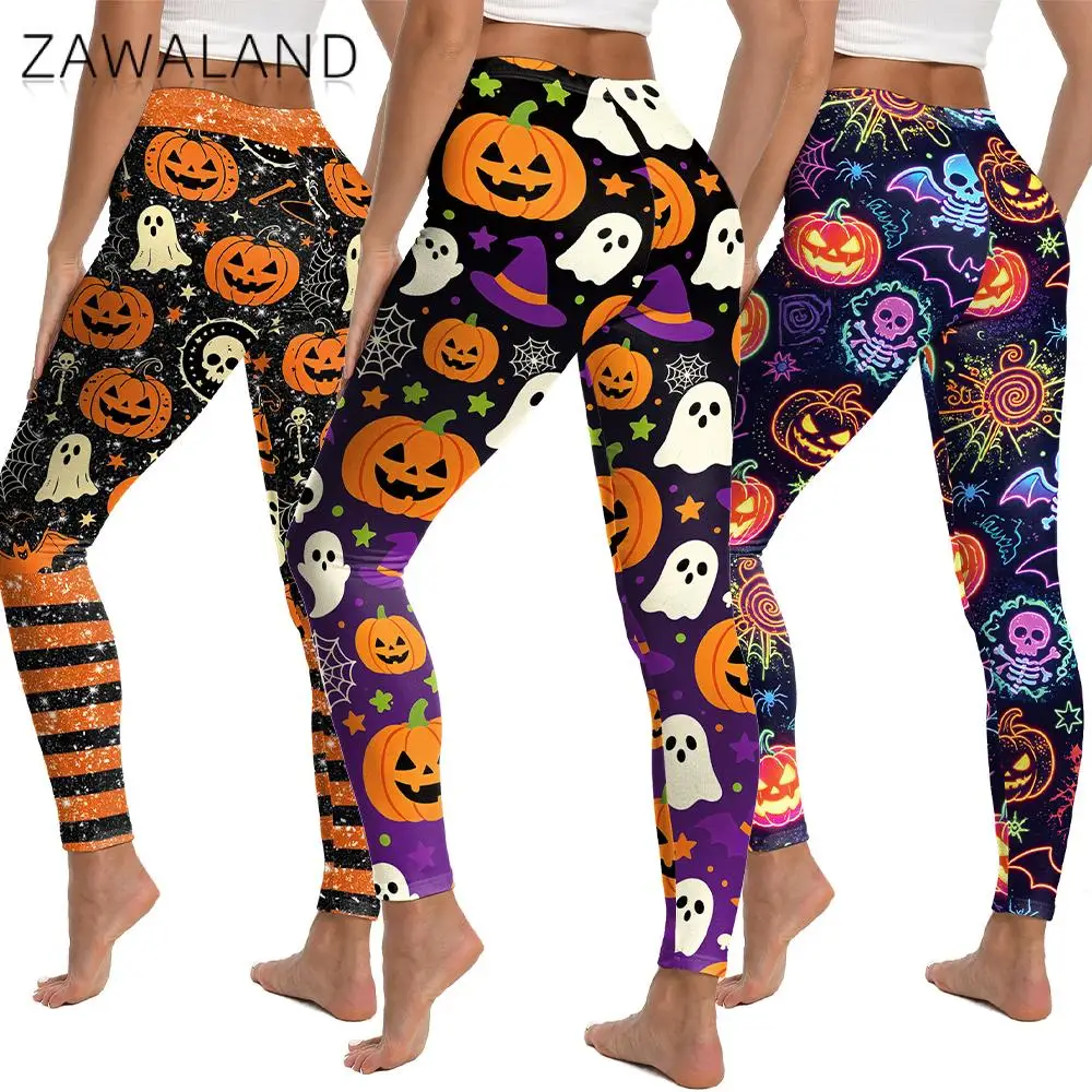 

Zawaland Leggings Women's High Waist Pumpkin Ghost Skeleton Bat Print Pants Halloween Costume Casual Workout Yoga Leggings