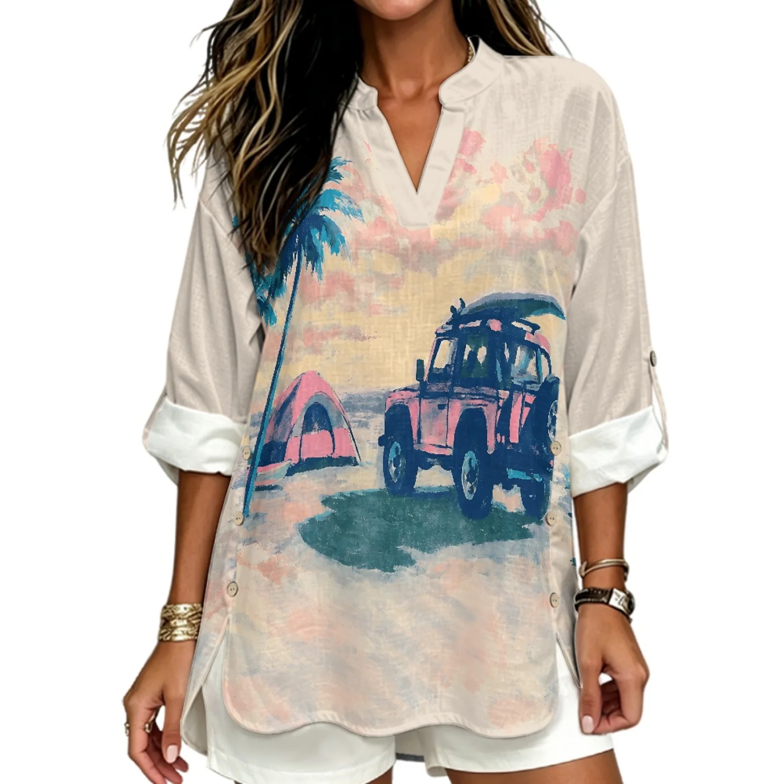INSTANTARTS-Camiseta de lino de color liso con cuello en V para mujer, camisetas de manga corta, ropa de talla grande para mujer, Blusas, Poleras, otoño
