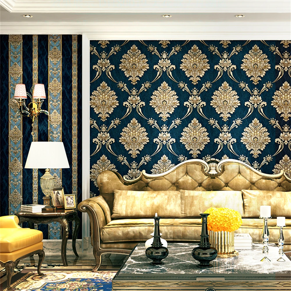 beibehang European-style luxury Damascus dark blue wallpaper living room bedroom beauty salon European-style red wall paper