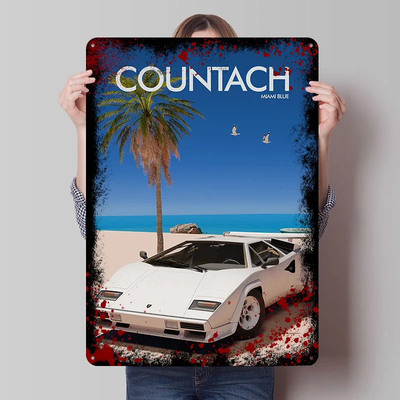 Countach Miami Blue Beach Scene Car Printed Poster Customized Retro Wall Art Vintage Metal Tin Signs for Home and Decoration