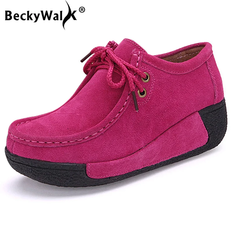 BeckyWalk Winter Plüsch Schuhe Frau Echtes Leder Plattform Frauen Schuhe Fashion Lace-up Wedges Herbst zapatos mujer WSH3352