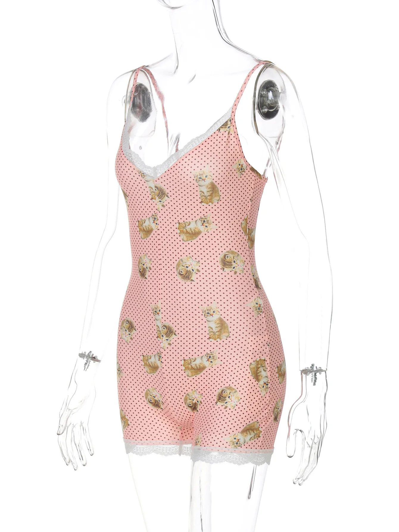 القط البولكا نقطة طباعة المرقعة الدانتيل كامي رومبير السراويل للنساء التباين عارية الذراعين سليم Y2K الساخن فتاة ارتداءها المتسكعون