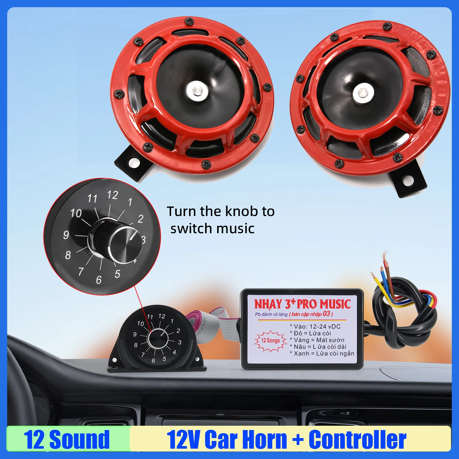 

12 Sound Musical Electronic Horn Controller+2PCS Car Horn 12V 3+ Pro Horn Speaker Sound Control For Car Truck Marine Boat Custom