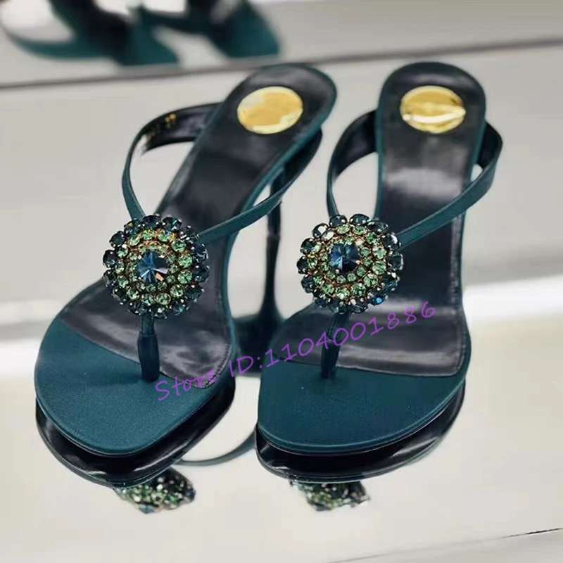 

Summer Rhinestone Gemstone Flip Flops Women's Sandals Luxury Rhinestone Round Toe Thin High Heel Slippers Vacation Beach Shoes