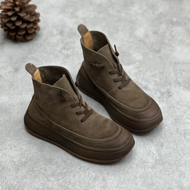 Platform Frosted Cow Leather Vintage Women Boots Leather Women\'s Shoes Thick Bottom Brown Ankle Boots  Plush warm snow boots