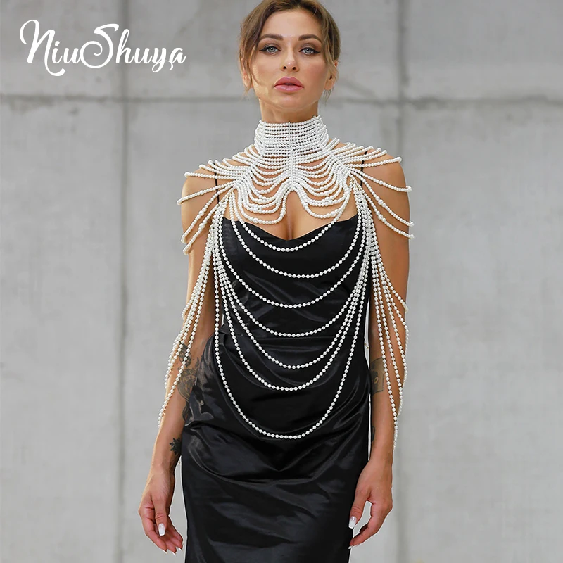 

NSY Retro Exaggerated Full Pearl Woman Cape New Designs Weave Shape Necklace Body Chain