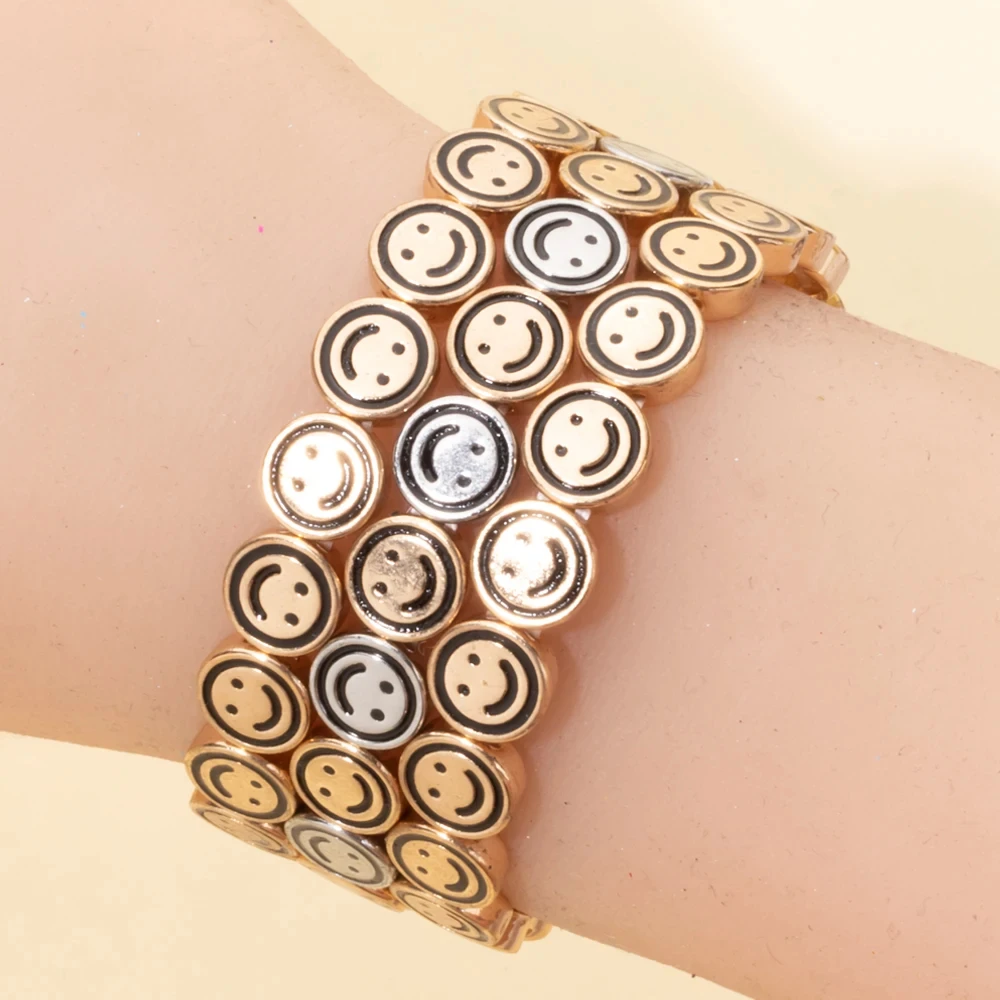 BEUTIFOR Alloy Happy Face Bracelet for women Crystal Beads Drip Oil Gold Color Bangle 2024 Fashion Jewelry