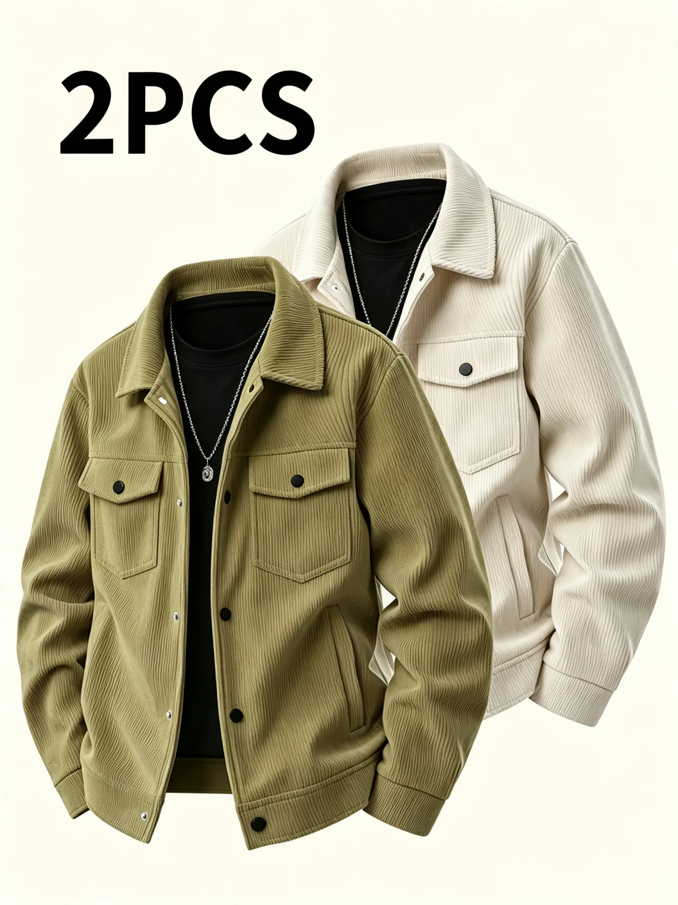 Men Corduroy Jacket 2Pcs Set, Turn‑down Collar Button Down Casual Outerwear, Solid Color Pocket Design Daily Wear Male Coat