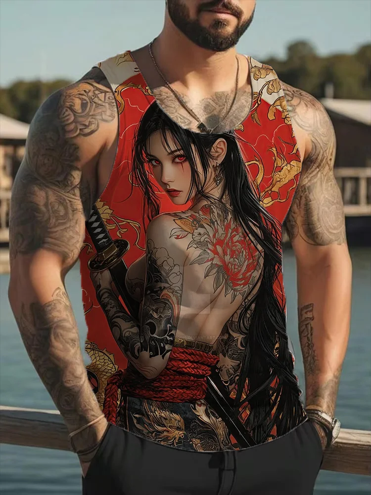 Men's Japanese Samurai Girl Tattoo Graphic Tank Top Red Dragon Print Sleeveless Casual Summer thin