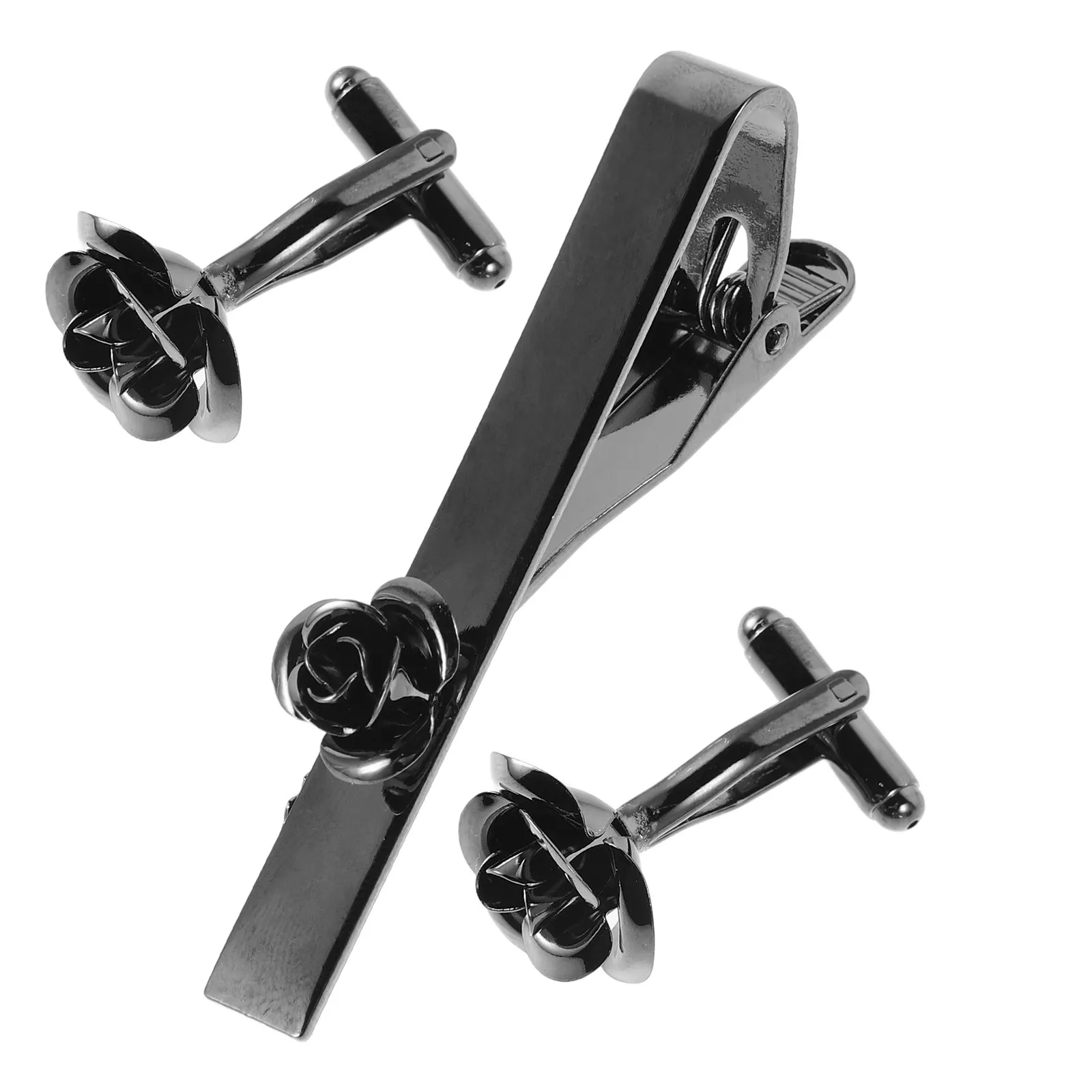 1Set Floral Rose Tie Clip and Cufflinks Suit Accessories Necktie Clip Shirt Cuff Links Business Wedding Formal Occasions