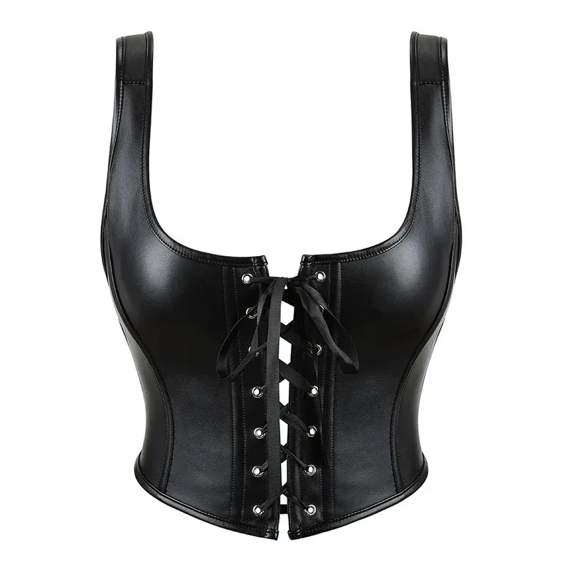 

Leather Corset Lace Up Bustiers Vest with Strap Slimming Body Shaper Outwear Women's Overbust Corsetto Korset