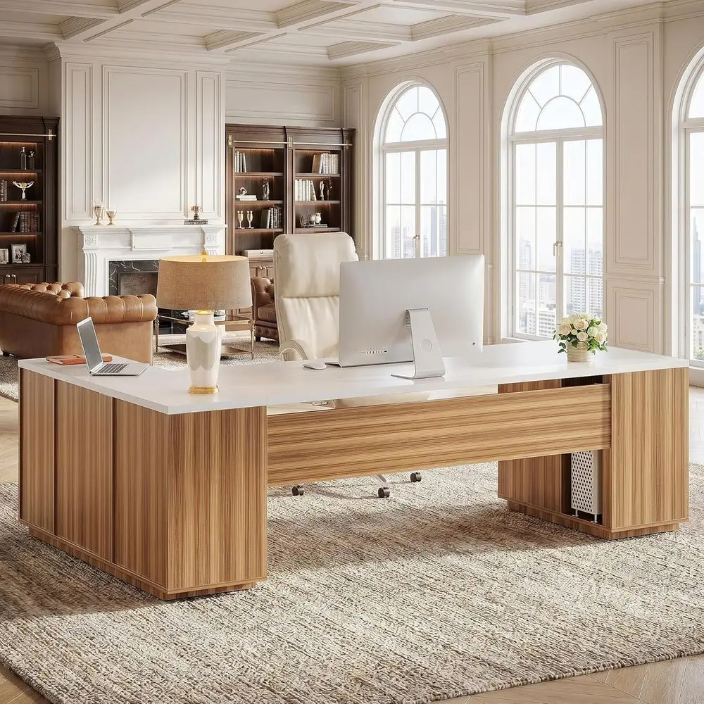 

85.8 L-Shaped Executive Desk with Drawers, Door Cabinet, and Shelves - Large Office Desk in White & Brown
