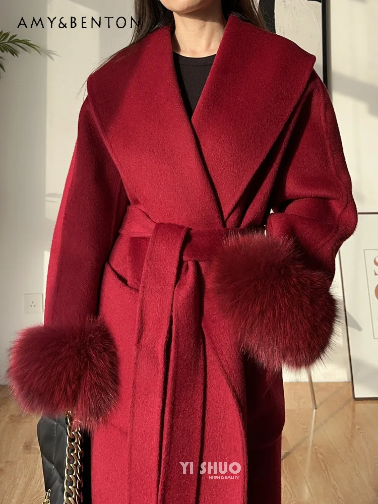 High-Grade Fox Fur Stitching Long Sleeve Large Lapel Double-Sided Wool Coat Women Winter New Elegant Loose All Match Jackets