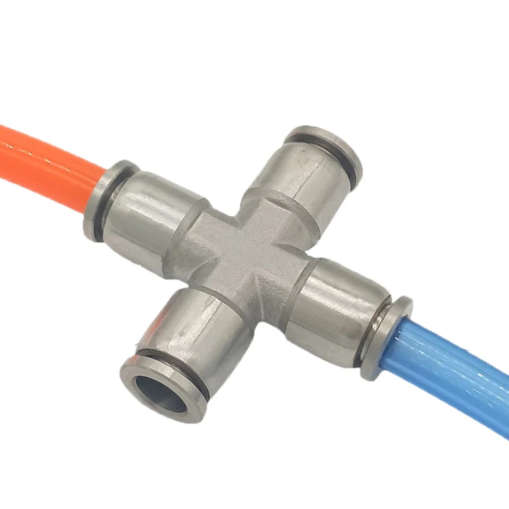 Fit 6  8 10 12mm OD PU Tube Press Fit Push In Quick Connector Cross 4 Ways Pneumatic 304 Stainless Steel Air Fitting Homebrew