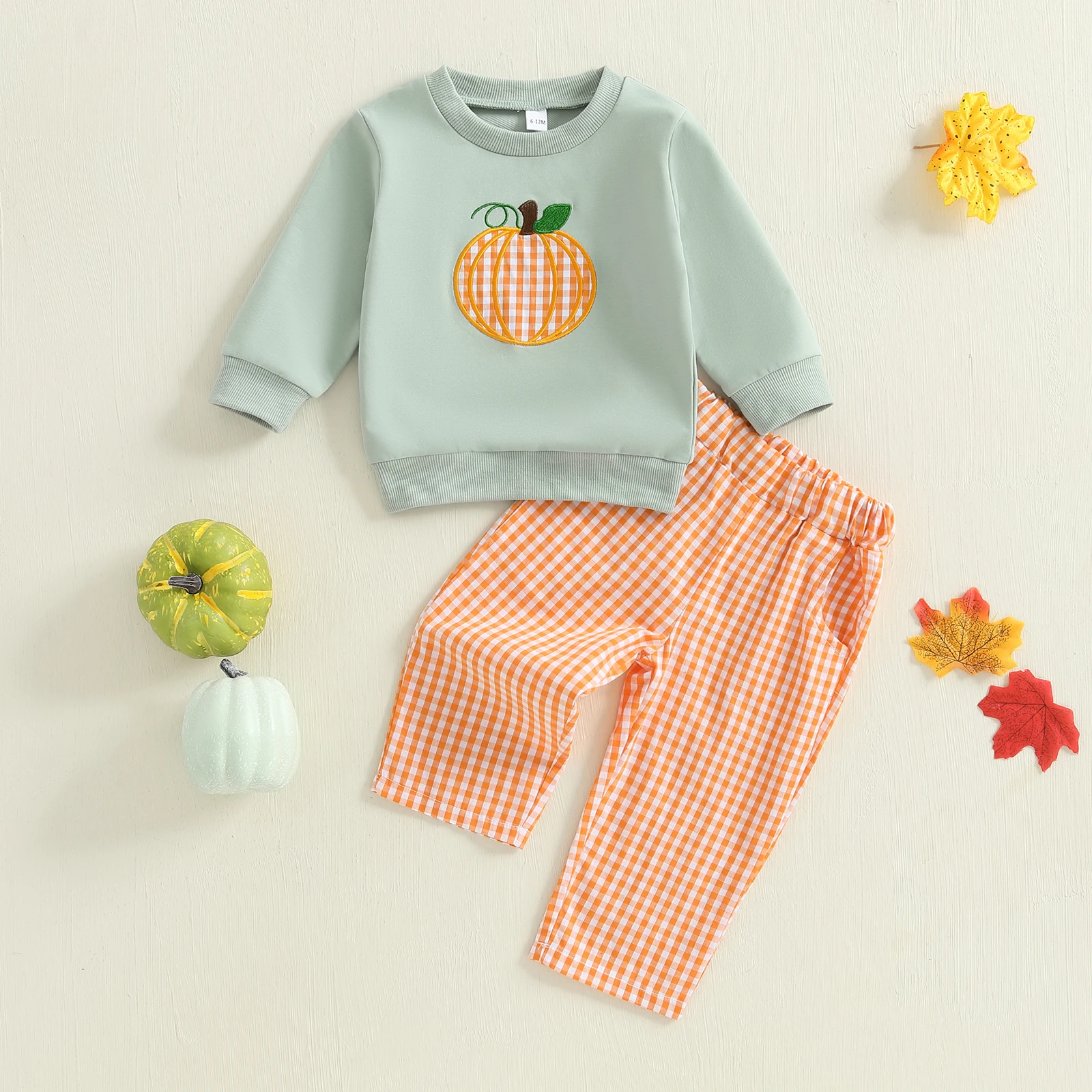 

Lioraitiin Toddler Baby Halloween Clothing Set Long Sleeve Pumpkin Embroidery Pullover with Plaid Pants 2Pcs Outfit